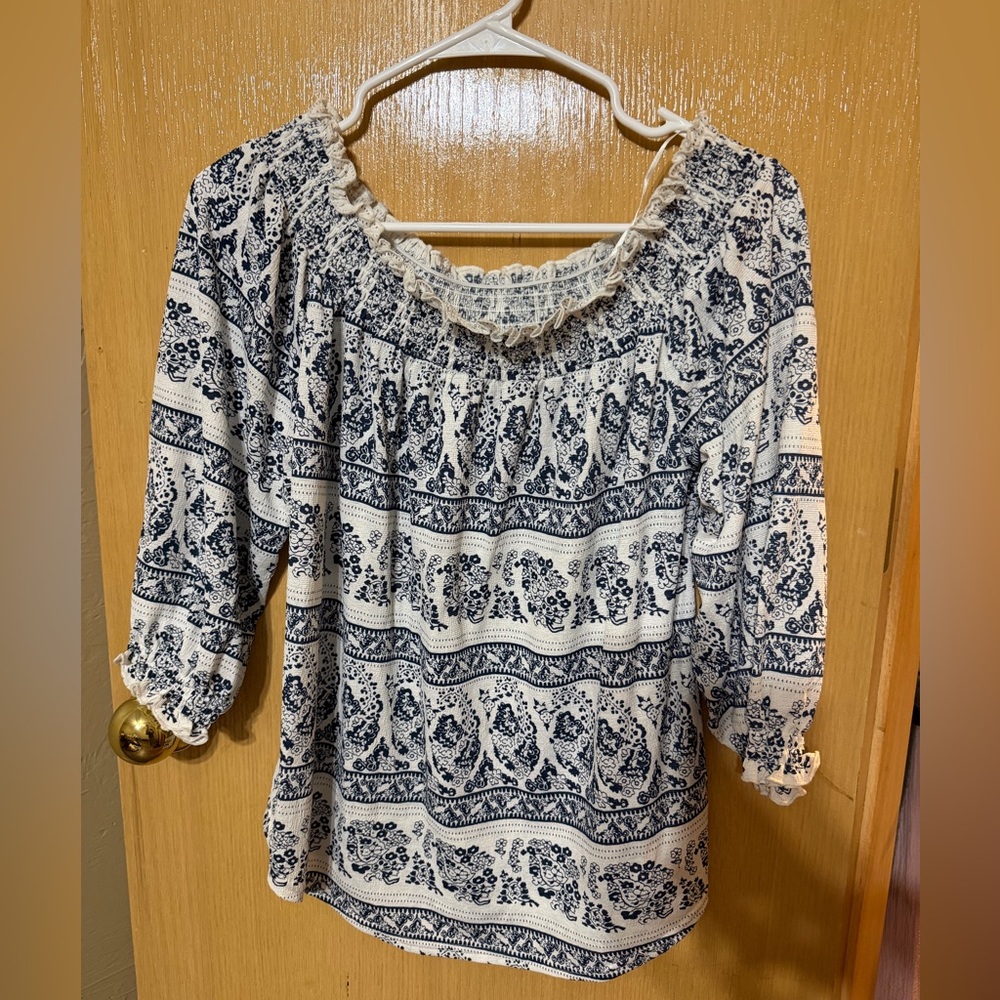 MELLODAY Navy and Cream Boho Blouse